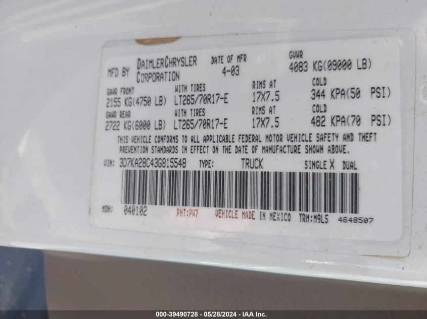 2003 Dodge Ram 2500 Slt/Laramie/St VIN: 3D7KA28C43G815548 Lot: 39490728