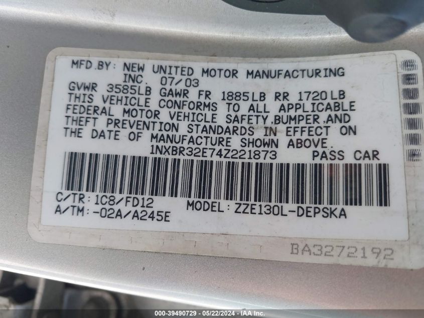 2004 Toyota Corolla S VIN: 1NXBR32E74Z221873 Lot: 39490729