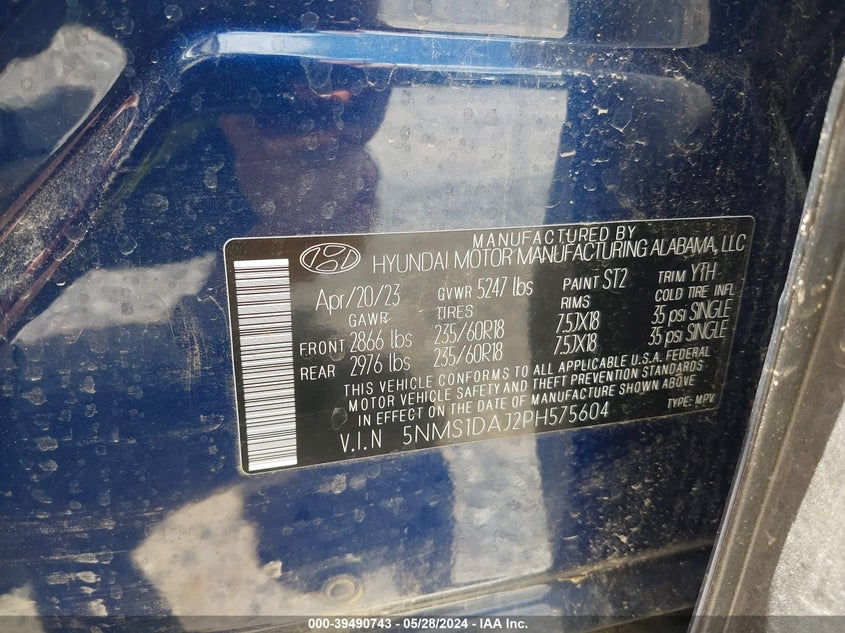 2023 Hyundai Santa Fe Se VIN: 5NMS1DAJ2PH575604 Lot: 39490743