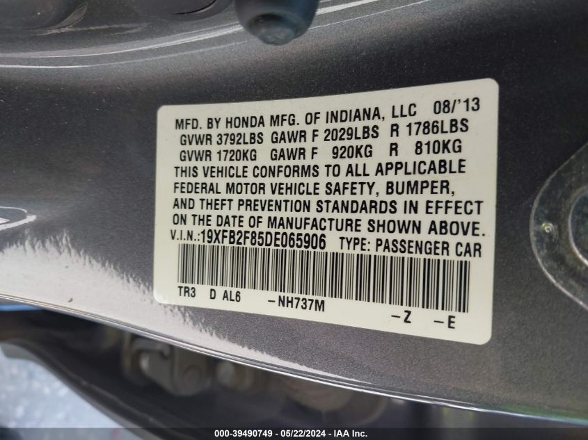 2013 Honda Civic Ex VIN: 19XFB2F85DE065906 Lot: 39490749