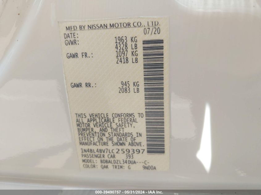 2020 Nissan Altima S Fwd VIN: 1N4BL4BV7LC259397 Lot: 39490757