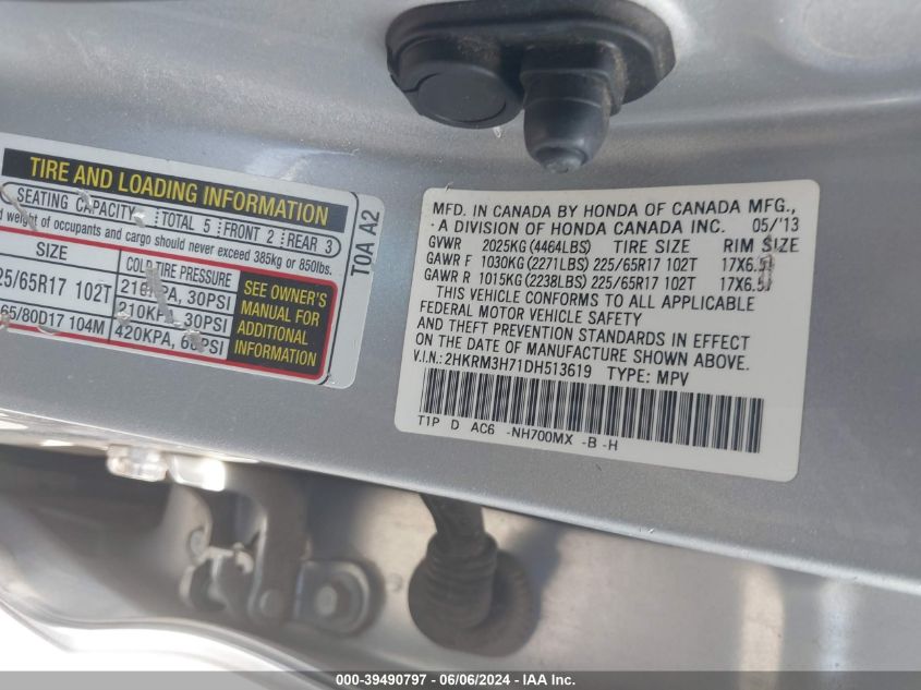 2013 Honda Cr-V Ex-L VIN: 2HKRM3H71DH513619 Lot: 39490797