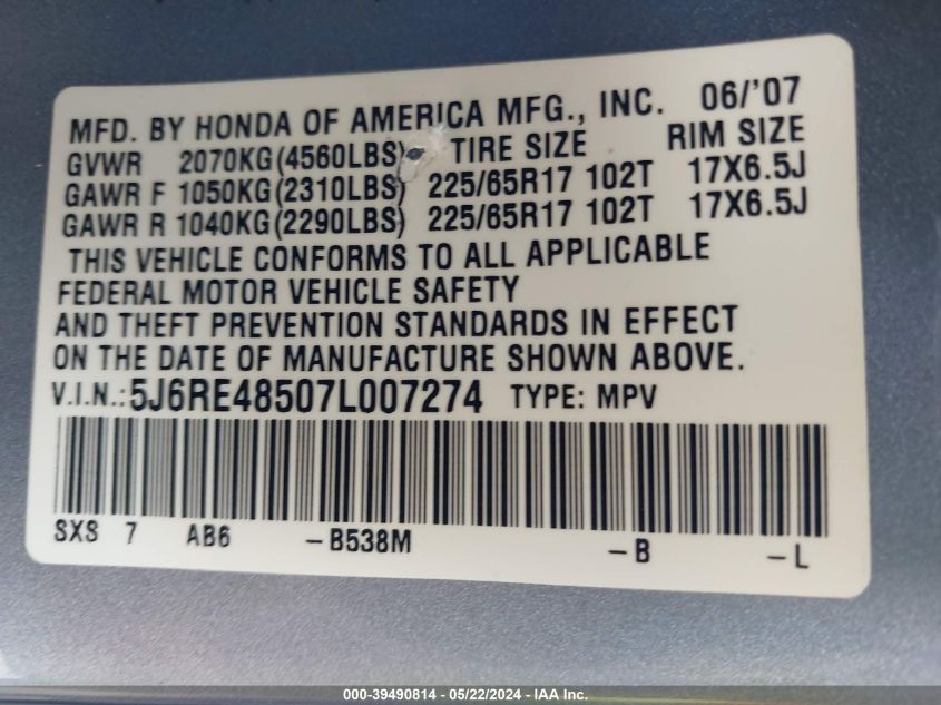 2007 Honda Cr-V Ex VIN: 5J6RE48507L007274 Lot: 39490814