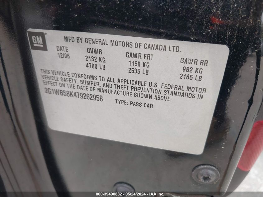 2007 Chevrolet Impala Ls VIN: 2G1WB58K479262958 Lot: 39490832