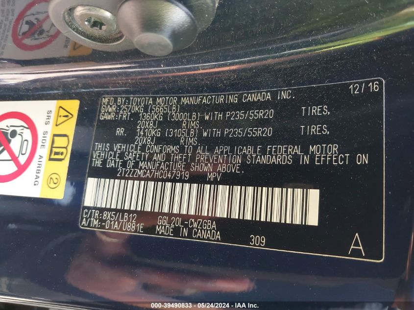 2017 Lexus Rx 350 VIN: 2T2ZZMCA7HC047919 Lot: 39490833