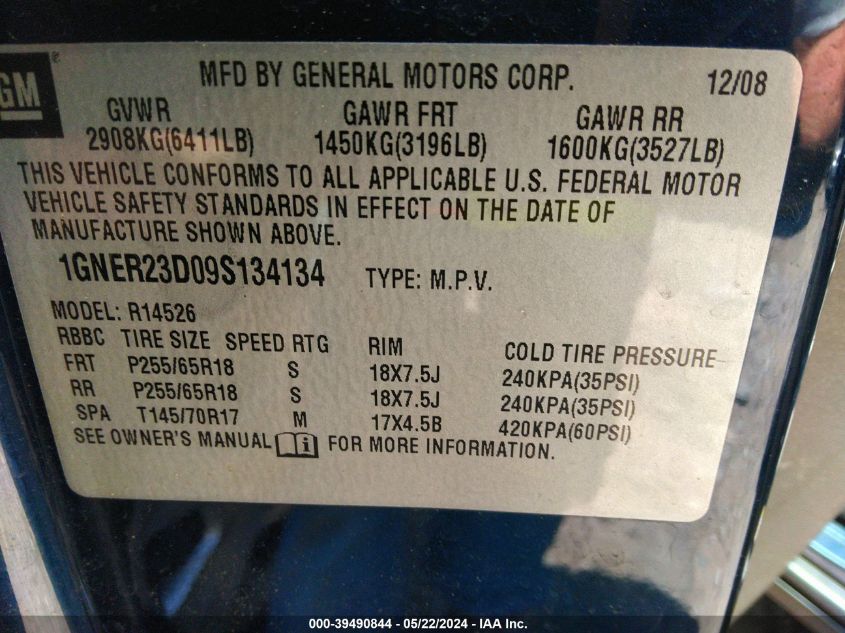 2009 Chevrolet Traverse Lt VIN: 1GNER23D09S134134 Lot: 39490844