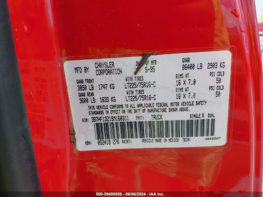 1995 Dodge Ram 1500 VIN: 3B7HF13Z1SM160311 Lot: 39490856