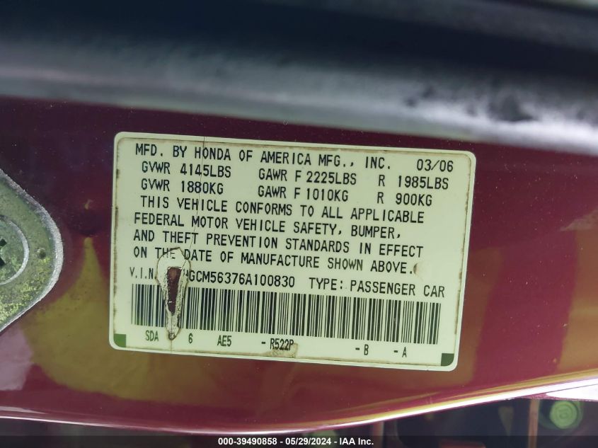 2006 Honda Accord 2.4 Se VIN: 1HGCM56376A100830 Lot: 39490858