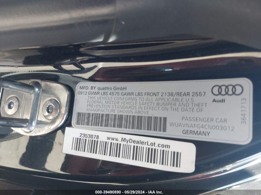 2012 Audi R8 5.2 VIN: WUAVNAFG4CN003012 Lot: 39490890