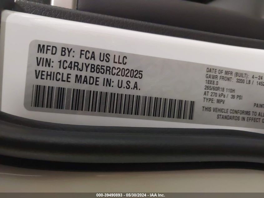 2024 Jeep Grand Cherokee 4Xe VIN: 1C4RJYB65RC202025 Lot: 39490893