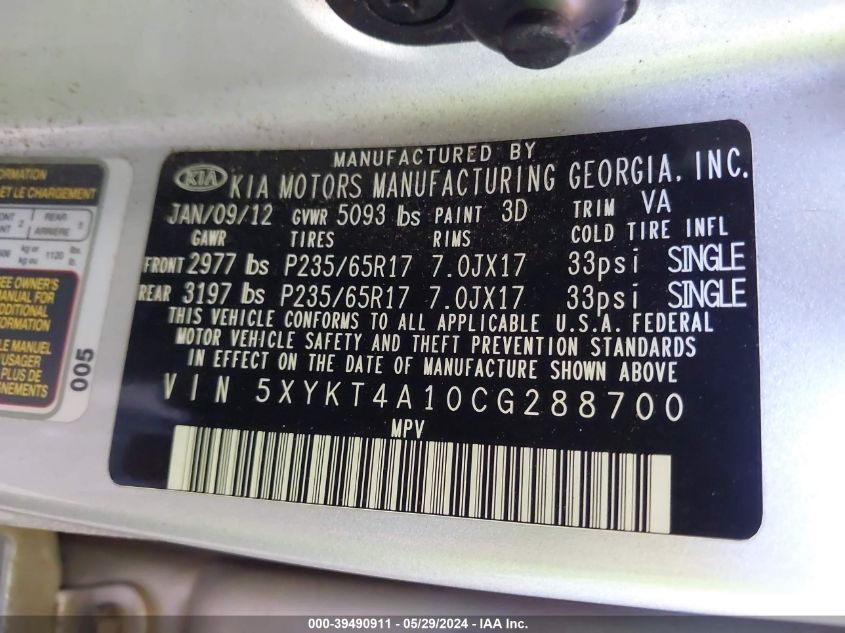 2012 Kia Sorento Lx VIN: 5XYKT4A10CG288700 Lot: 39490911