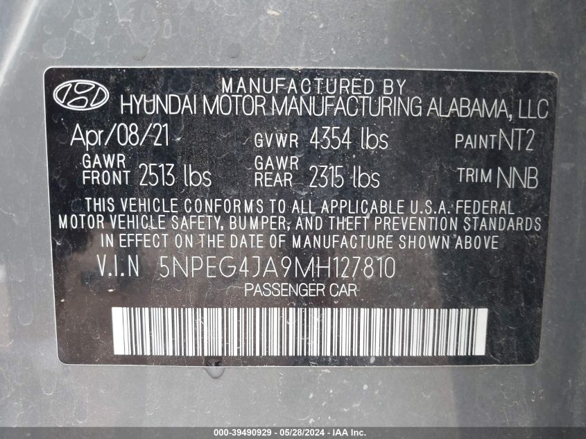 2021 Hyundai Sonata Se VIN: 5NPEG4JA9MH127810 Lot: 39490929