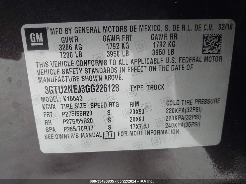 2016 GMC Sierra 1500 Slt VIN: 3GTU2NEJ3GG226128 Lot: 39490935