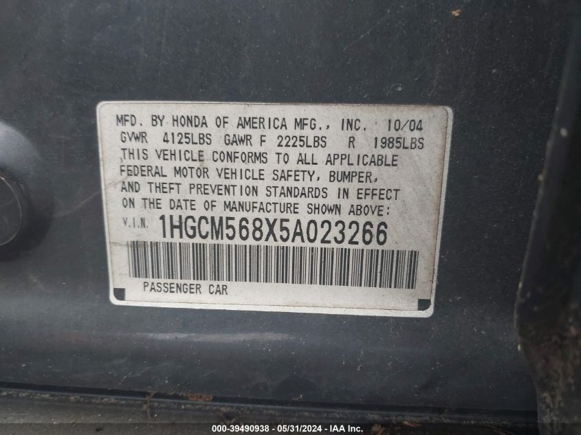 2005 Honda Accord 2.4 Ex VIN: 1HGCM568X5A023266 Lot: 39490938