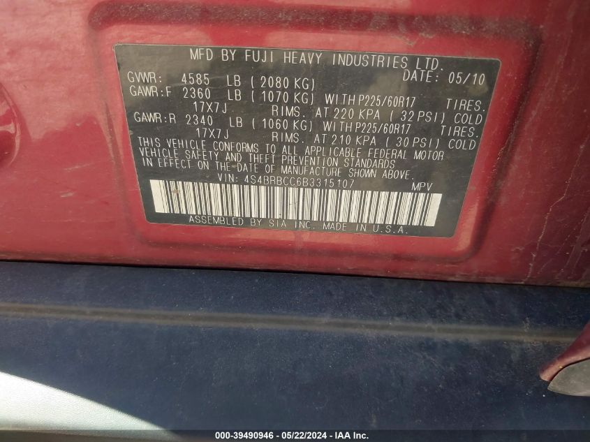 2011 Subaru Outback 2.5I Premium VIN: 4S4BRBCC6B3315107 Lot: 39490946