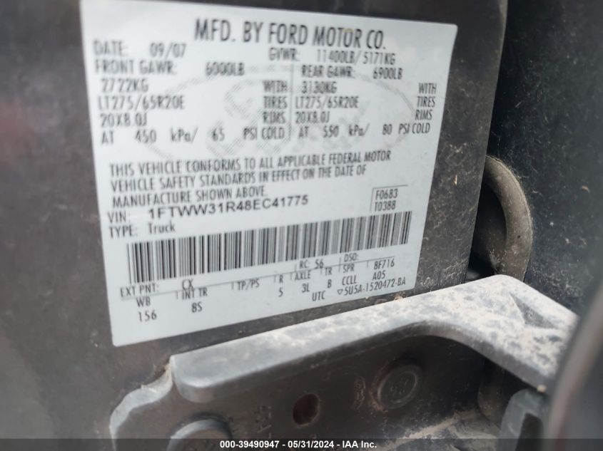2008 Ford F-350 Lariat VIN: 1FTWW31R48EC41775 Lot: 39490947