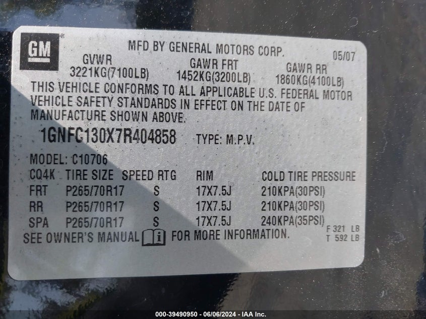 2007 Chevrolet Tahoe Lt VIN: 1GNFC130X7R404858 Lot: 39490950