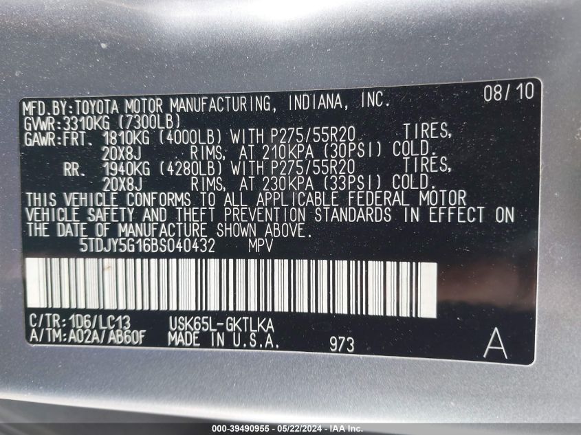 2011 Toyota Sequoia Limited VIN: 5TDJY5G16BS040432 Lot: 39490955