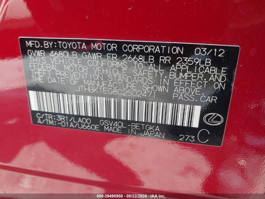 2012 Lexus Es 350 VIN: JTHBK1EG8C2502471 Lot: 39490958