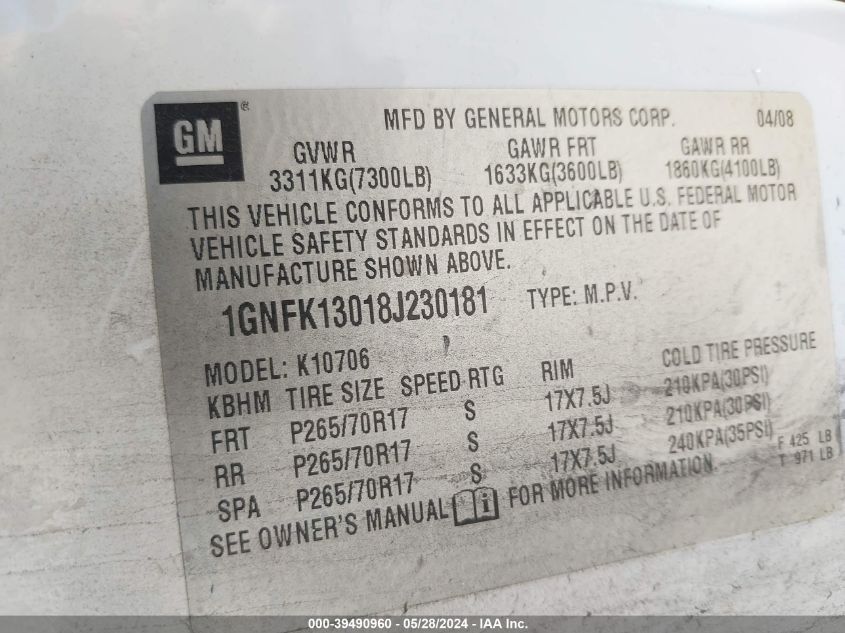 2008 Chevrolet Tahoe Commercial Fleet VIN: 1GNFK13018J230181 Lot: 39490960