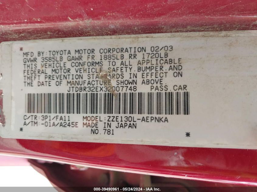 2003 Toyota Corolla Le VIN: JTDBR32EX32007748 Lot: 39490961