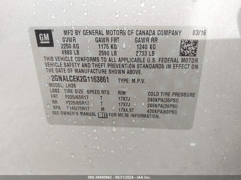 2016 CHEVROLET EQUINOX LT - 2GNALCEK2G1163861