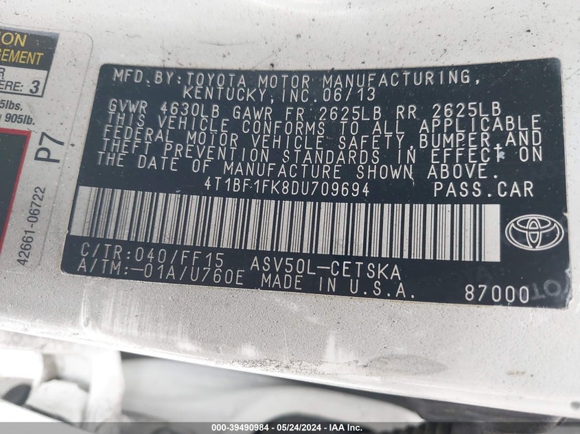 2013 Toyota Camry Se VIN: 4T1BF1FK8DU709694 Lot: 39490984