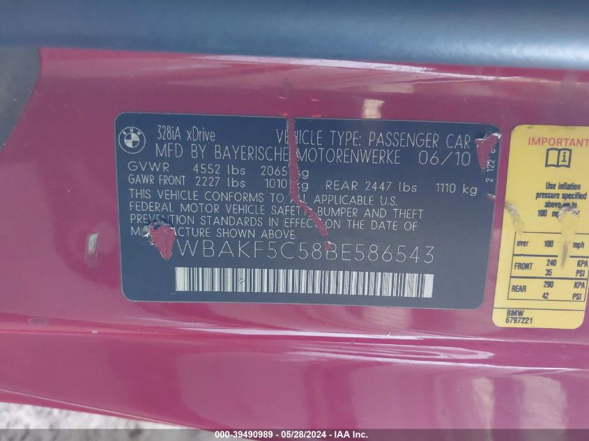 2011 BMW 328I xDrive VIN: WBAKF5C58BE586543 Lot: 39490989