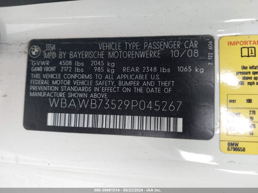 2009 BMW 335I VIN: WBAWB73529P045267 Lot: 39491014