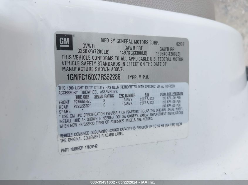 2007 Chevrolet Suburban 1500 Ltz VIN: 1GNFC160X7R352286 Lot: 39491032