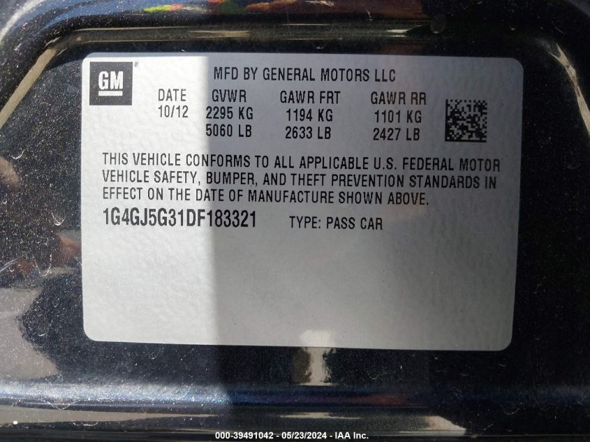 2013 Buick Lacrosse Touring Group VIN: 1G4GJ5G31DF183321 Lot: 39491042