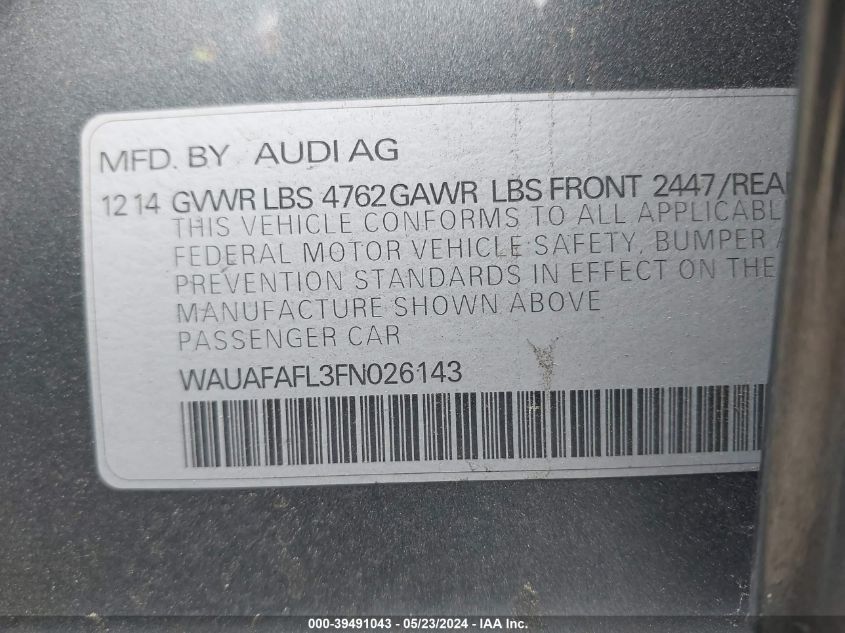 2015 Audi A4 2.0T Premium VIN: WAUAFAFL3FN026143 Lot: 39491043