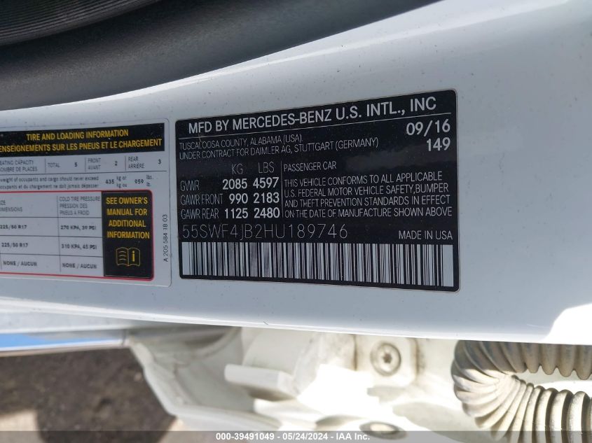 2017 Mercedes-Benz C 300 Luxury/Sport VIN: 55SWF4JB2HU189746 Lot: 39491049