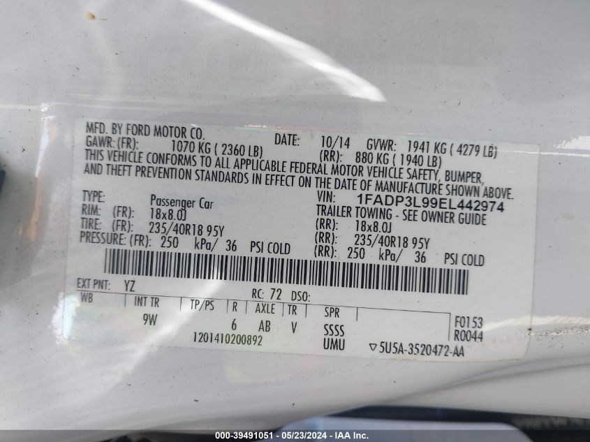 2014 Ford Focus St VIN: 1FADP3L99EL442974 Lot: 39491051