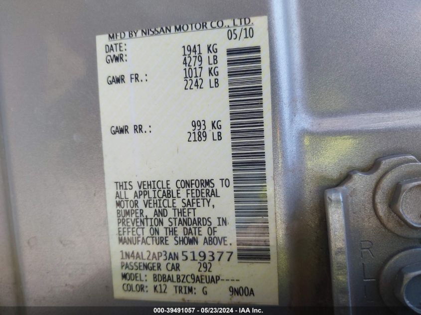 2010 Nissan Altima 2.5 S VIN: 1N4AL2AP3AN519377 Lot: 39491057