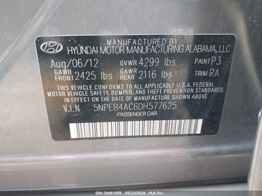 2013 Hyundai Sonata Gls VIN: 5NPEB4AC6DH577625 Lot: 39491059