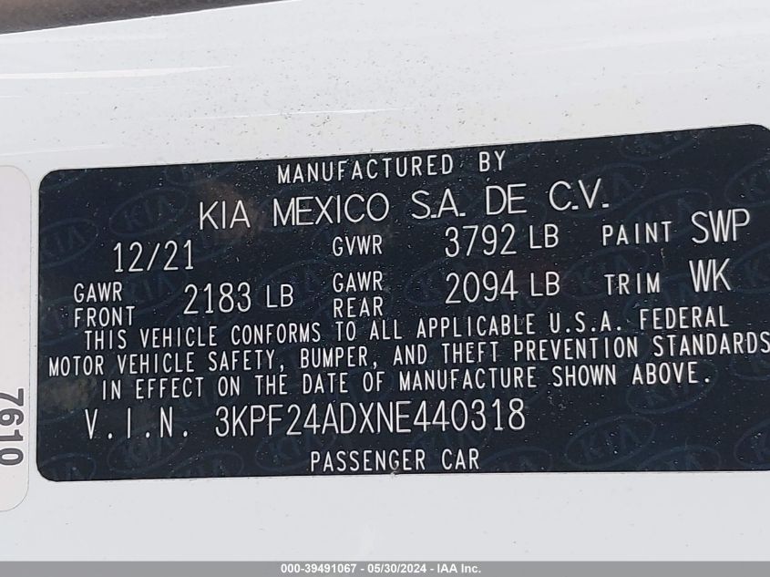 2022 Kia Forte Lxs VIN: 3KPF24ADXNE440318 Lot: 39491067