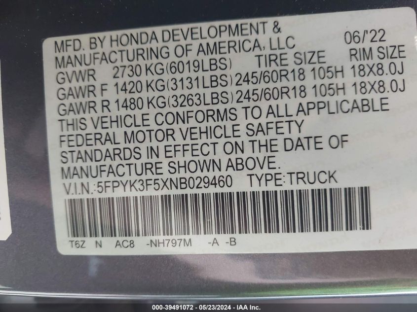 2022 Honda Ridgeline Rtl VIN: 5FPYK3F5XNB029460 Lot: 39491072