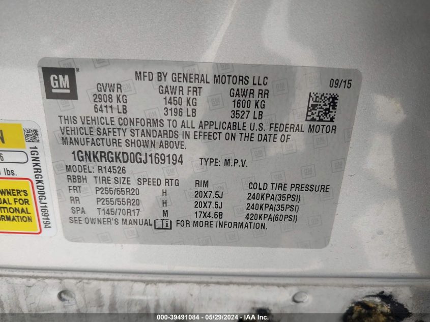 2016 Chevrolet Traverse 1Lt VIN: 1GNKRGKD0GJ169194 Lot: 39491084