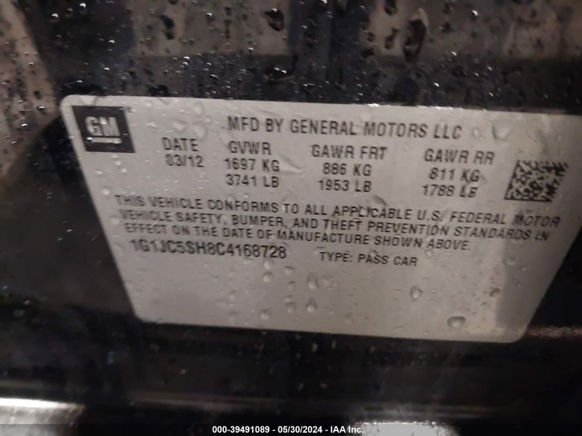 2012 Chevrolet Sonic 2Lt VIN: 1G1JC5SH8C4168728 Lot: 39491089