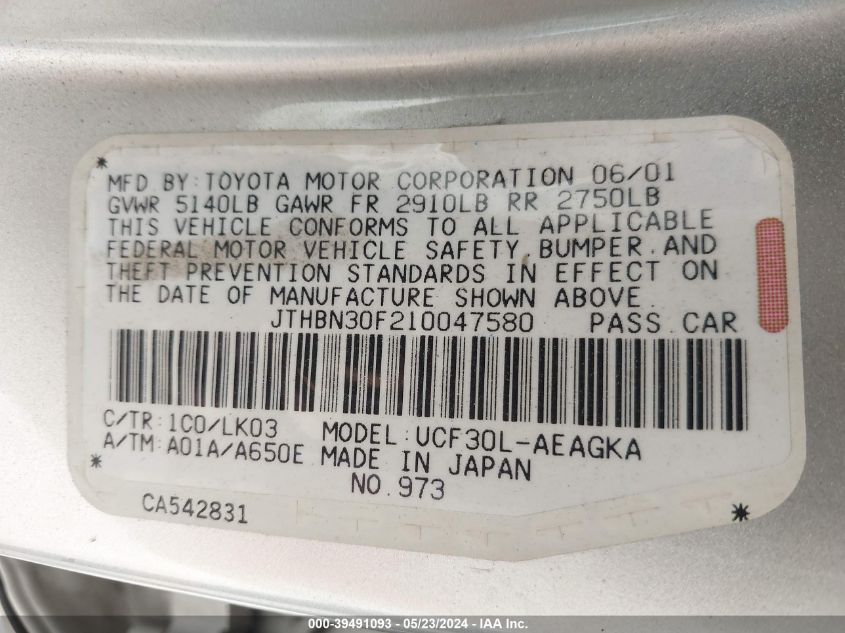 2001 Lexus Ls 430 VIN: JTHBN30F210047580 Lot: 39491093