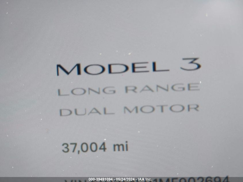 2021 Tesla Model 3 Long Range Dual Motor All-Wheel Drive VIN: 5YJ3E1EB1MF902694 Lot: 39491094