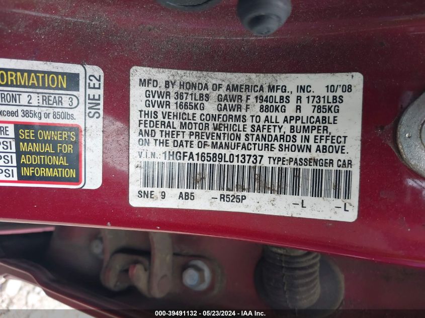 2009 Honda Civic Lx VIN: 1HGFA16589L013737 Lot: 39491132