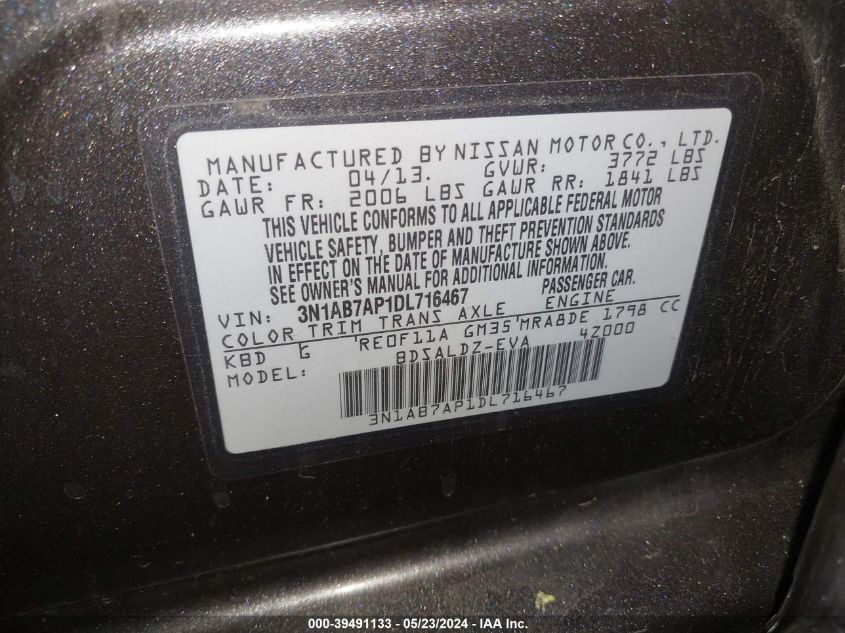 2013 NISSAN SENTRA S/SV/SR/SL - 3N1AB7AP1DL716467