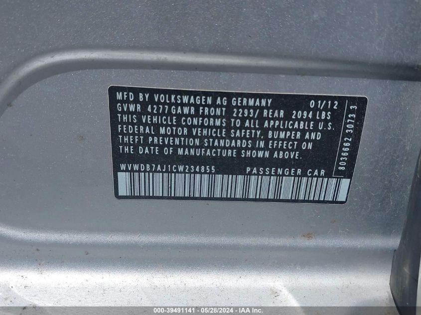 2012 Volkswagen Golf 2.5L 4-Door VIN: WVWDB7AJ1CW234855 Lot: 39491141
