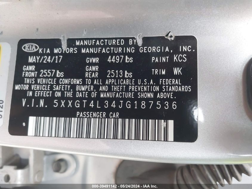 2018 Kia Optima Lx VIN: 5XXGT4L34JG187536 Lot: 39491142