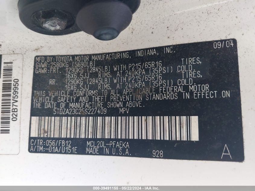 2005 Toyota Sienna Le VIN: 5TDZA23C25S227409 Lot: 39491155