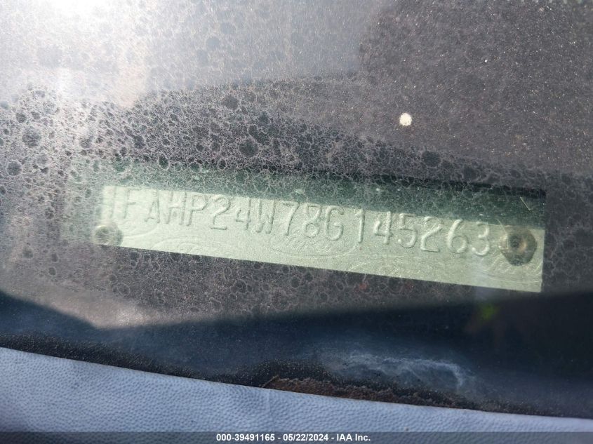 2008 Ford Taurus Sel VIN: 1FAHP24W78G145263 Lot: 39491165