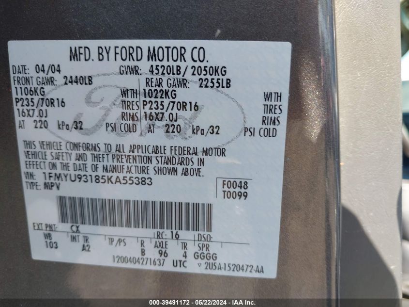 2005 Ford Escape Xlt VIN: 1FMYU93185KA55383 Lot: 39491172