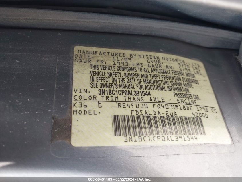 2010 Nissan Versa 1.8S VIN: 3N1BC1CP0AL391544 Lot: 39491189